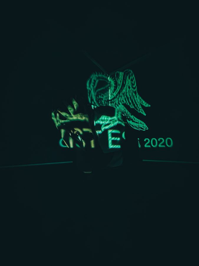 Hands raised into a green projection of an angel and the words COEXIST 2020.
