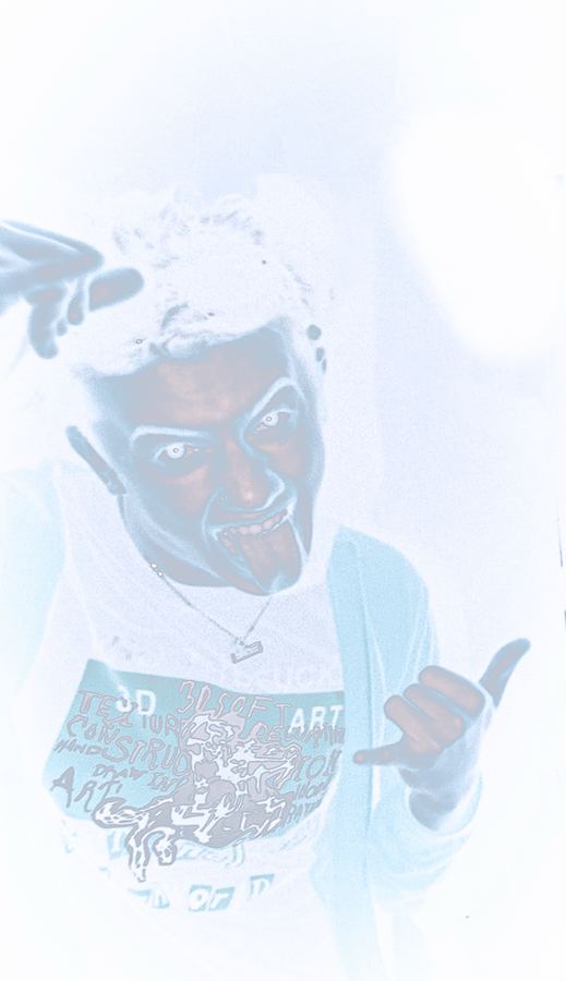 An inverted, washed-out portrait of someone sticking out their tongue.